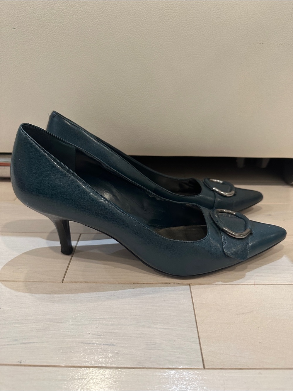 Nine West Teal Pointed-Toe Kitten Heels with Silver Buckle